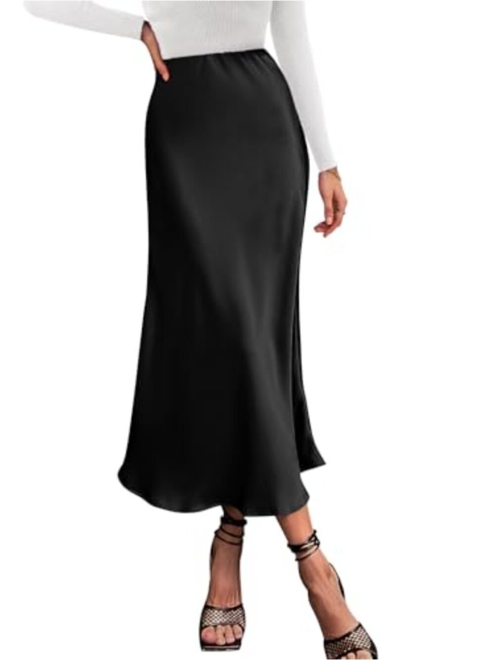 Silk Midi Satin Skirt High Waist A-Line Flowy Dress